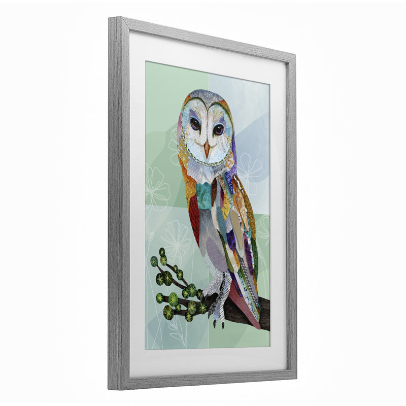Chouette effraie avec motif bohème encadré sous verre, design par Lisa Morales, Cadre de ferme gris, H 20 po x l 14 po