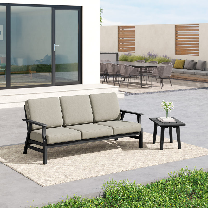 2-Piece Conversation Set,Solid Teak Wood Sofa And Side Table Set With Cushions, Light Camel, Black, 2 Pcs: Side Table, Sofa