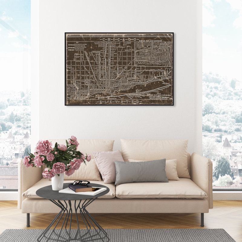 " Chicago Railroad Map Leather ", Black Framed, 15" H x 10" W