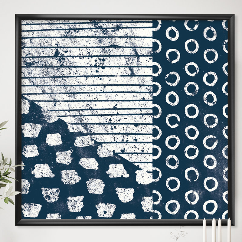 " Indigo Striples And Tile ", Black Framed, 30" H x 30" W x 1" D