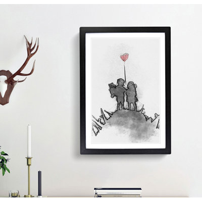 Boy & Girl with Red Balloon in Abstract - Picture Frame Painting Print