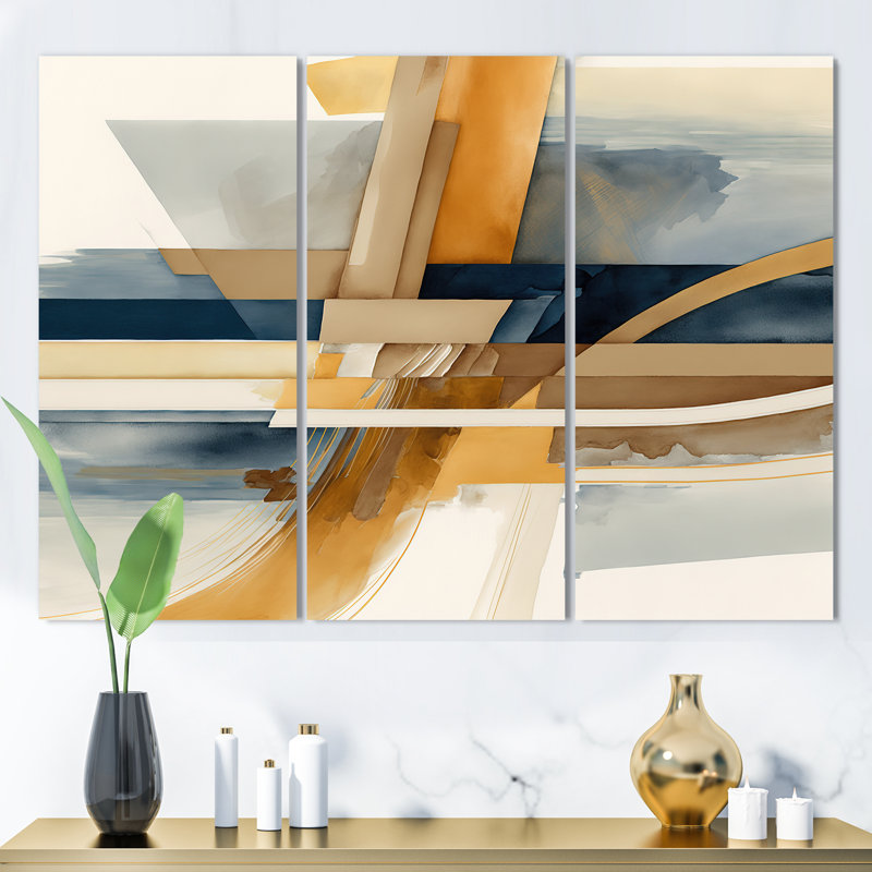 «Dondray Modern Blue and Gold Abstract I», reproduction sur toile 3 pièces, 28" H x 36" W x 1" D, Toile tendue