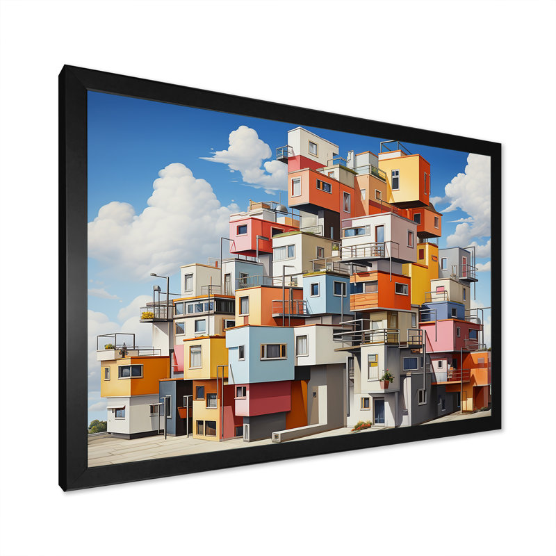 De Stijl Style Factories, paysage sur toile, Cadre simple noir, H 34 po x l 44 po x P 1,5 po