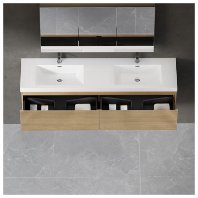 Meuble-lavabo suspendu de 183 cm avec double lavabo, armoire murale avec tiroirs à fermeture amortie, fini chêne naturel