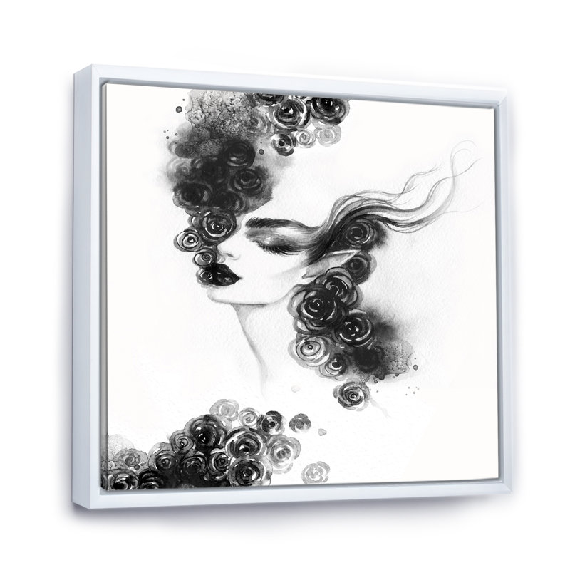 «Black and White Glam Woman Portrait II», reproduction d'art sur toile, H 36 po x l 36 po x P 1,5 po, Cadre flottant blanc