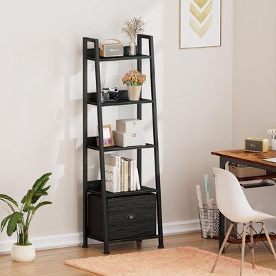Étagère échelle à 5 niveaux avec tiroir en tissu – Étagère de rangement industrielle haute et étroite, chêne noir