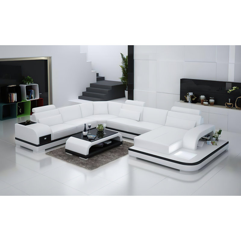 Ariyani Upholstered U-Shaped Sectional, Right Hand Facing, White/Black 