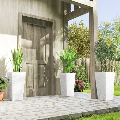 22.8 Inch Tall Planters for Outdoor Plants, Set of 3 Plastic Flower Pots with Stone Finish and Wheels, Stackable Tapered Planters with Drainage Hole for Indoor Plants, Front Porch, White