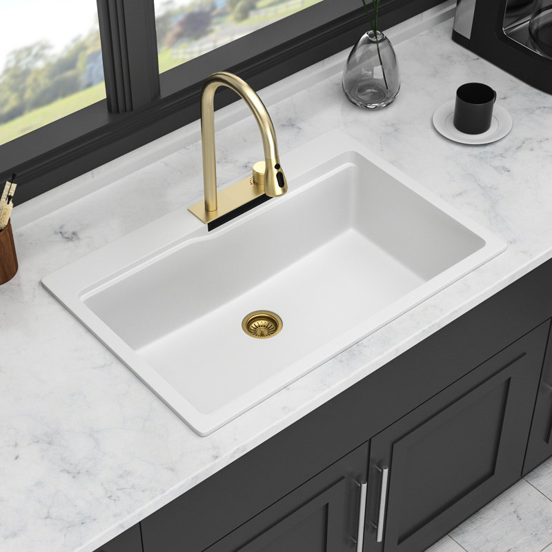 Évier à cascade encastré - Composite de quartz blanc 33 x 22 po pour poste de travail avec robinet escamotable et accessoire varié 33 po x 22 po et combinaisons assorties