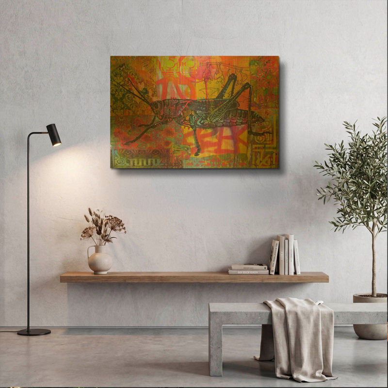 «Grasshopper» par Dean Russo, art mural en métal doré, 36 po x 24 po, 36 po x 24 po