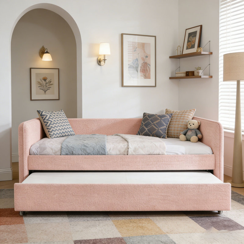 Boucle Fabric Daybed, Pink-Pop-up-Trundle, Twin