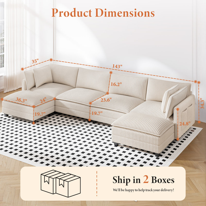 143" U Shaped Cloud Modular Sofa With 2 Ottomans, Beige Corduroy