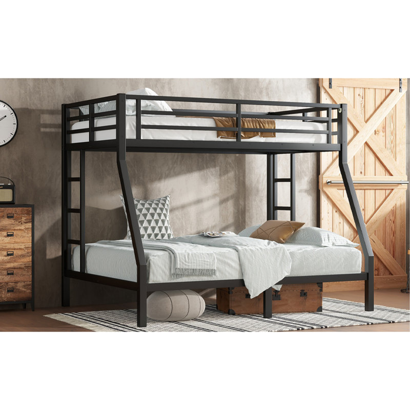 Lit superposé simple en métal au-dessus d'un lit double, adultes, espace, aucun sommier requis, réduction du bruit, revêtement, rangement sous le lit, assemblage simple du bas renforcé avec marches pour adolescents noirs, ressort, support à 38 lattes,