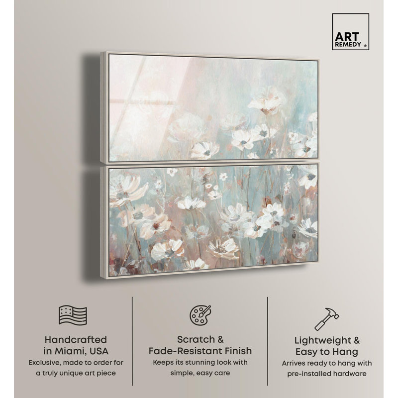 Champ fleuri - Ira Comleva, impression abstraite grand format en deux parties encadrée sur verre acrylique par Art Remedy, cadre argenté, 46 x 23