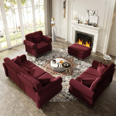 Mid-Century Modern Velvet Chesterfield Sofa With Nailhead Trim And Rolled Arms, Includes Matching Ottoman, Timeless Elegance For Any Living Space.
