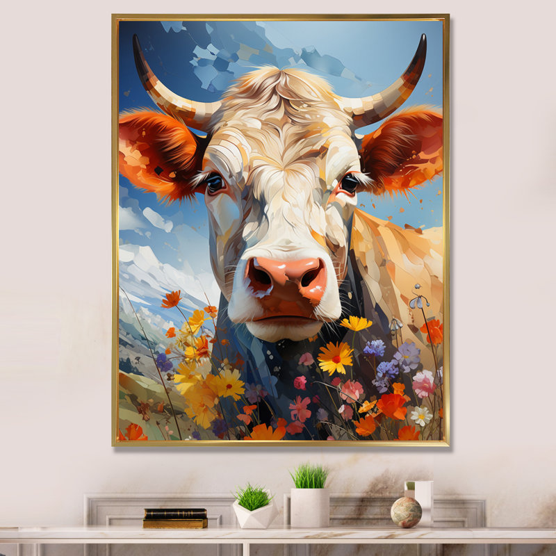 Lynkon Cow Floral Grazing III, reproduction d'art sur toile, H 32 po x l 24 po x P 1 po, Cadre flottant doré