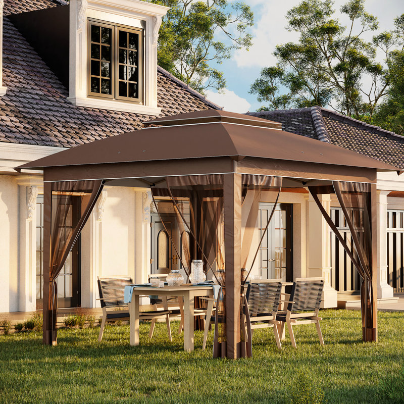 Auvent extérieur avec moustiquaire et sac de transport, 3,65 m x 3,65 m, kaki, hauteur réglable, 12,7 m² pour tonnelle pliante de terrasse.