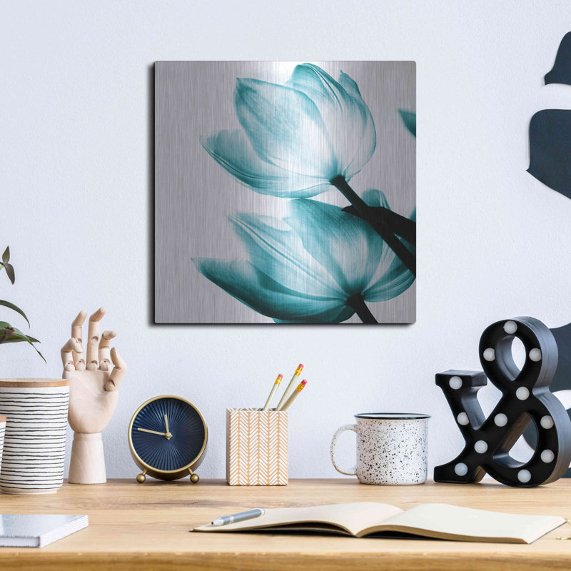 Art mural en métal Ebern Designs «Translucent Tulips II Teal» par Debra Van Swearingen, H 12 po x l 12 po