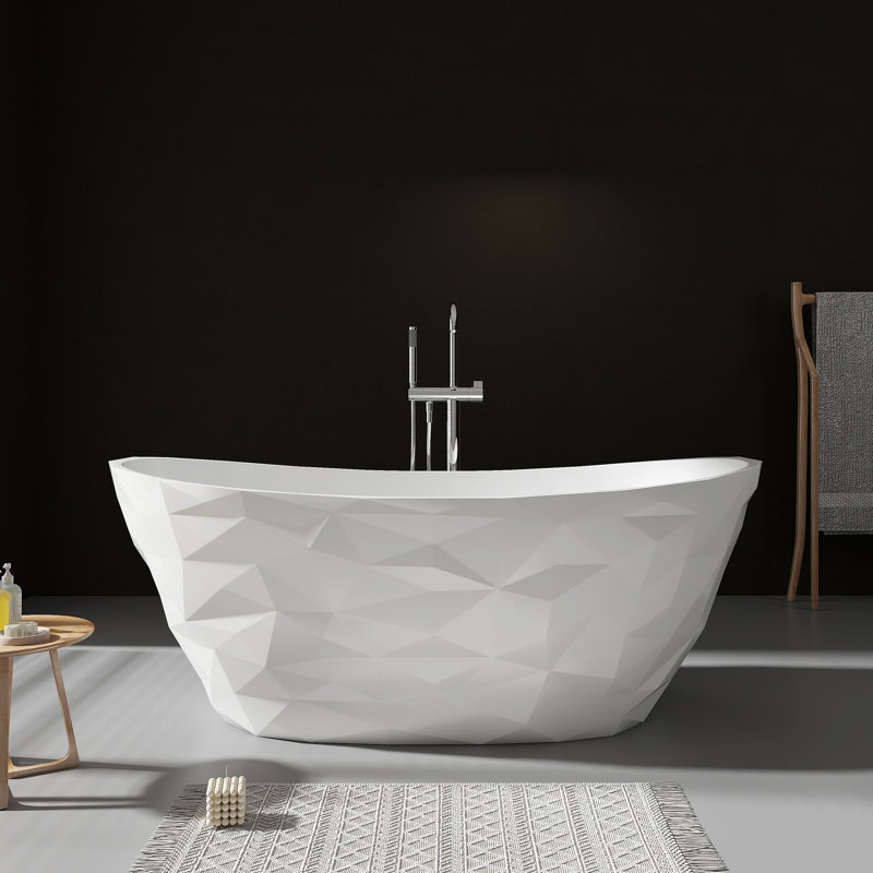 Baignoire autoportante à surface solide de 64 po avec côtés géométriques sculptés en blanc mat
