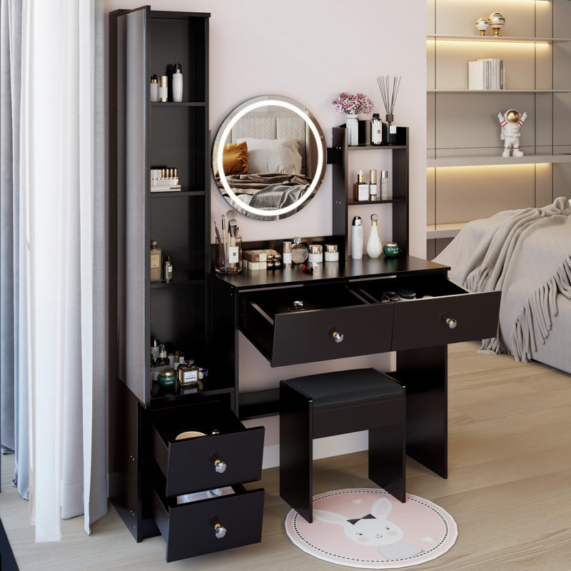 Full Body Mirror Cabinet With Round Mirror LED Vanity Table With Cushioned Stool, 17" Diameter LED Mirror, Touch Control, 3-Color, Brightness Adjustable, Large Desktop, Multi-Layer High Capacity Storage