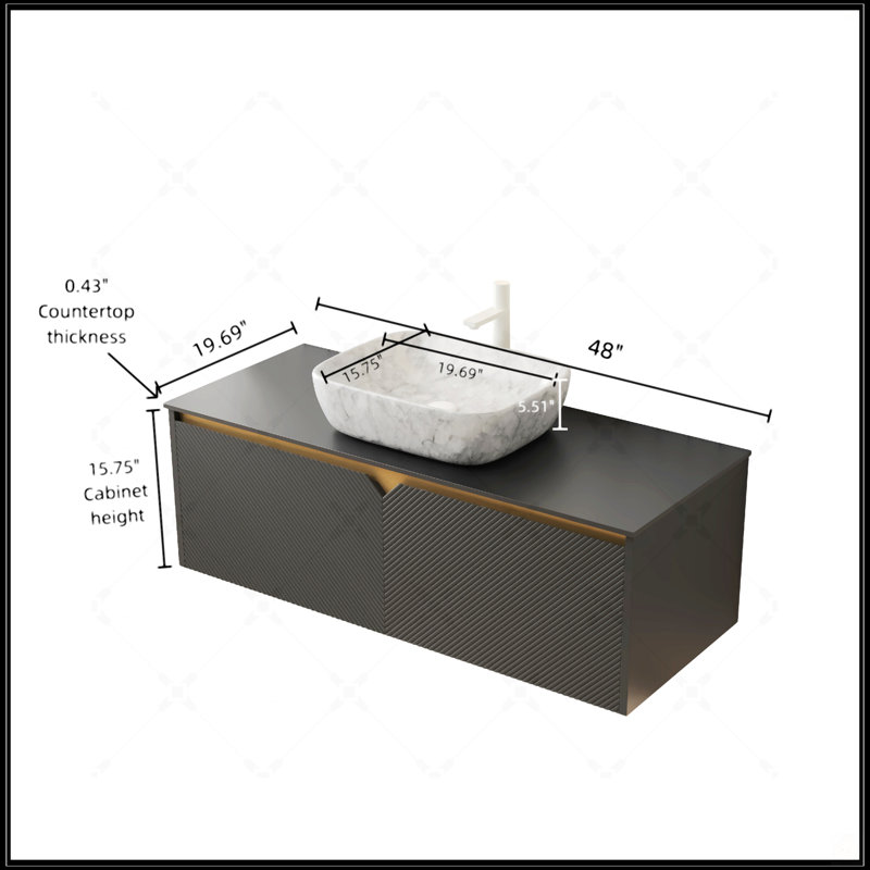 Meuble-lavabo mural de 48 po avec rangement en contreplaqué flottant, portes doubles en sergé, vasque en céramique à motif marbré et plateau en pierre frittée noire