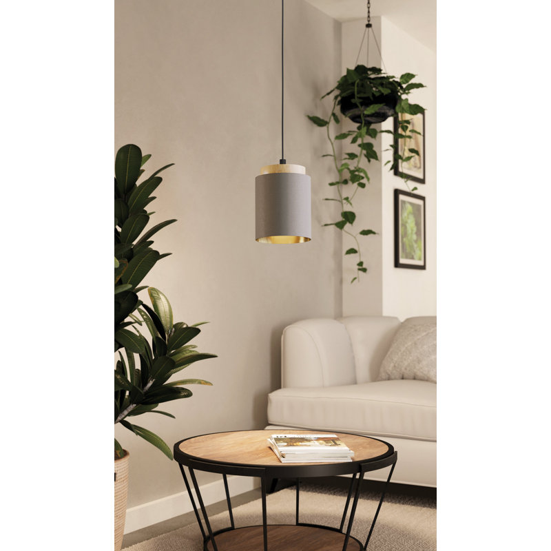 Luminaire suspendu 1 lumière noir et bois avec abat-jour cappuccino et tissu doré