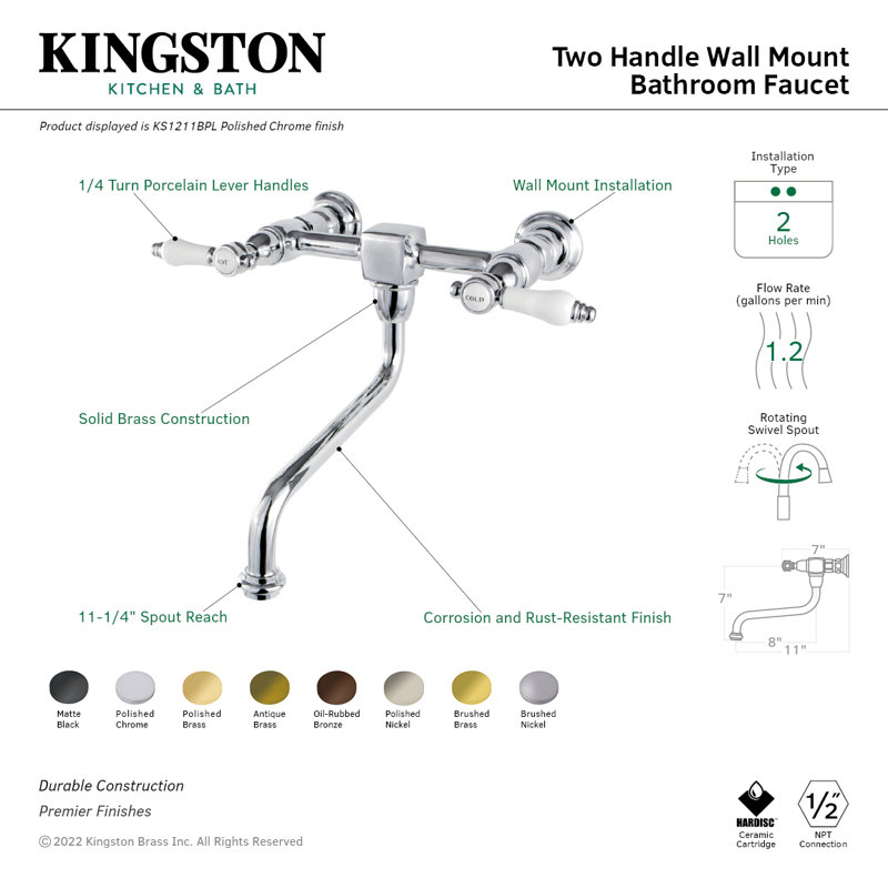 Kingston Brass Bel-Air Two-Handle 2-Hole Wall Mount Bathroom Faucet, Polished Brass
