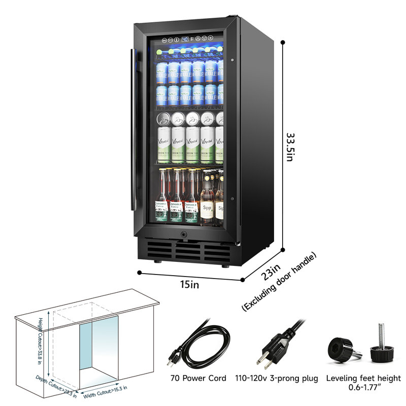 Simzlife 15'' W 3.2 Cu Ft 130 Cans Beverage Refrigerator - Freestanding/Built-In/Under Counter Cooler with Tempered Glass Door & Reversible Handle, Stores Beer, Wine, Drinks