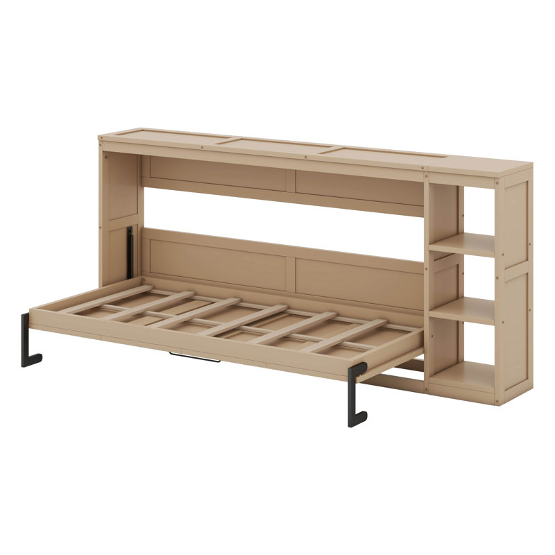 Modern Murphy Bed With Bookshelf, Natural, Twin