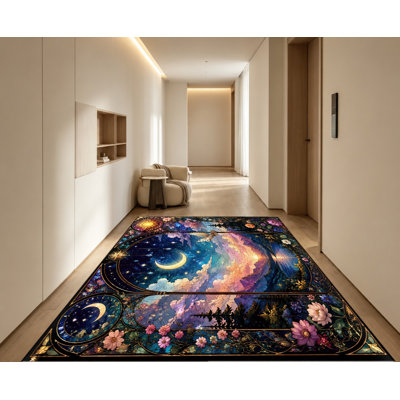 Tapis paysage céleste nocturne, style vitrail, motif lune, étoiles et coucher de soleil onirique, tapis de sol artistique antidérapant, décoration intérieure vibrante pour salon, chambre, dortoir, appartement, bureau