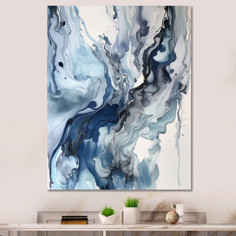 Bleu et gris Elixir éthéré II - art mural abstrait, H 44 po x l 34 po, Sans cadre, Toile tendue