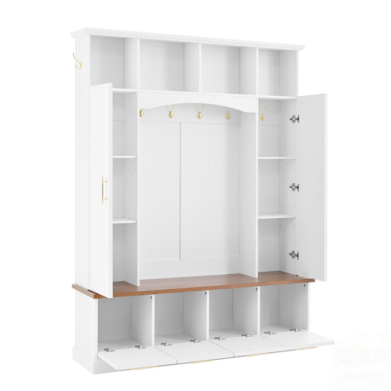 4-IN-1 Elegant Wide Hall Tree With Golden Hooks & Handles, Practical Entryway Walnut Bench With Adjustable Shelves, High Farmhouse Wooden Style Coat & Shoe Rack