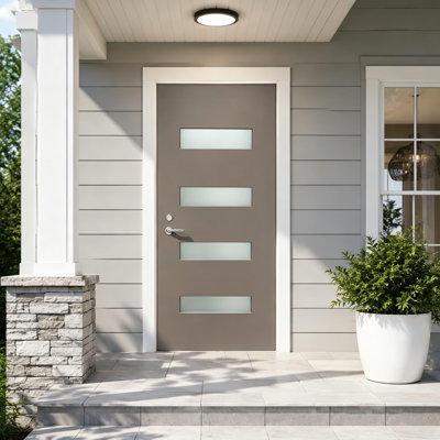 Ensemble de porte d'entrée contemporaine en fibre de verre 36 po x 80 po à 4 lumières, verre givré, à droite vers l'intérieur