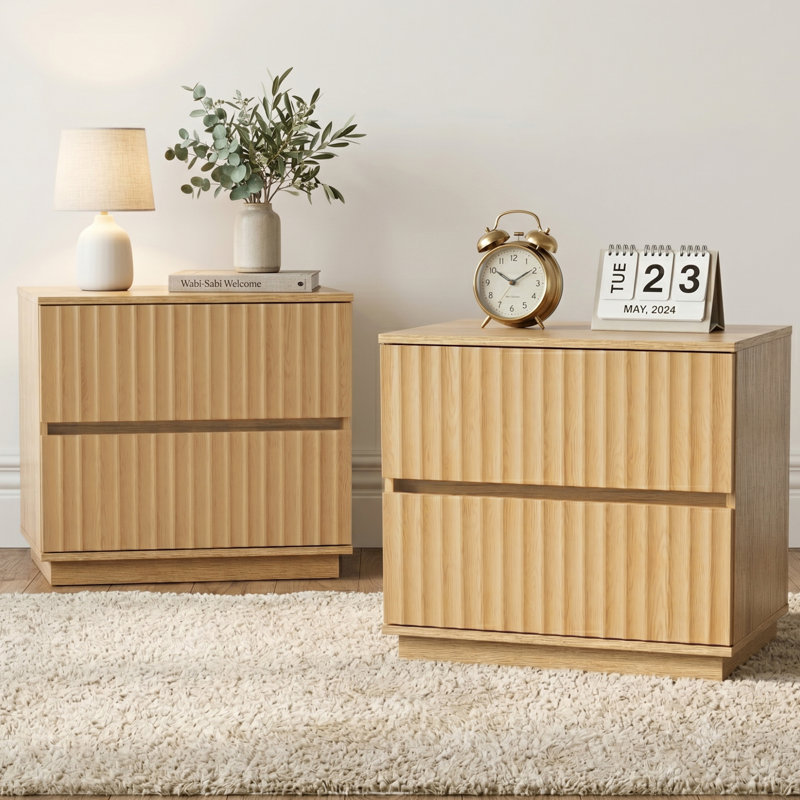 23.6" Wide Modern Fluted 2-Drawer Nightstands, Set of 2, Natural Oak