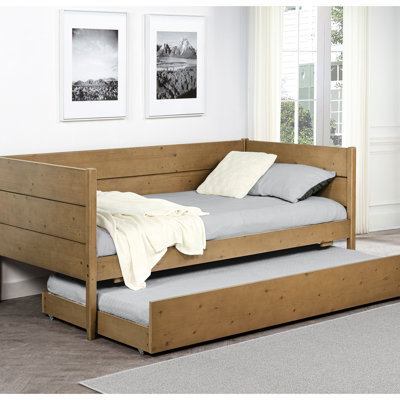 Lit de jour simple avec couchette et couchette au fini naturel, construction en bois d'ingénierie en pin, meuble de chambre rustique à glissement en douceur, lit gigogne en contreplaqué de 81 pouces de large avec roulettes, idéal pour la chambre à coucher, hauteur de 35