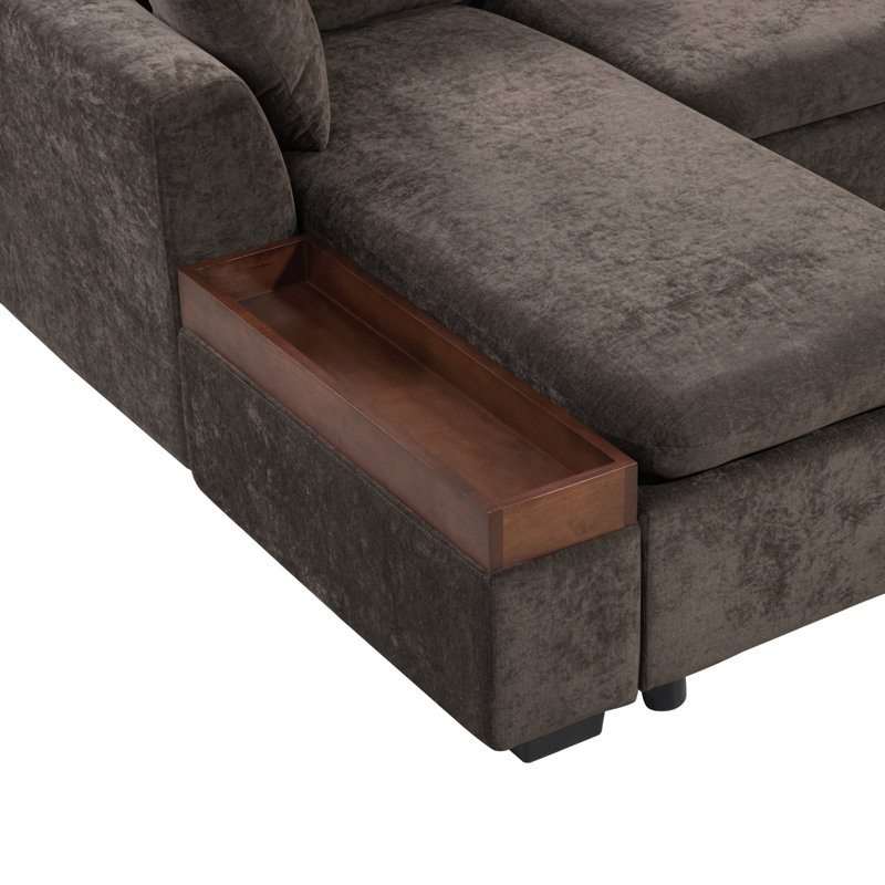 Sectional Sofa 93.7" L-Shaped Sofa Upholstered Sofa Couch With Wooden Storage Compartment For Living Room, Brown Chenille