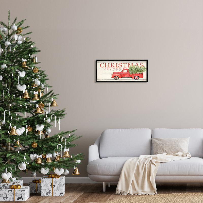 «Christmas Deliveries», camion rouge encadré sur bois par Stephanie Workman Marrott, impression, Giclée encadrée noir minuit