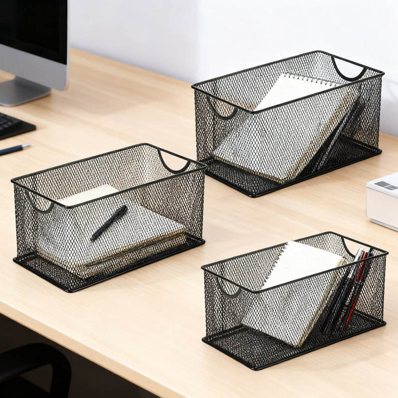 3-Pack Metal Mesh Storage Baskets With Handles, Sturdy Organizer Bins For Home Office Kitchen Bathroom Organization