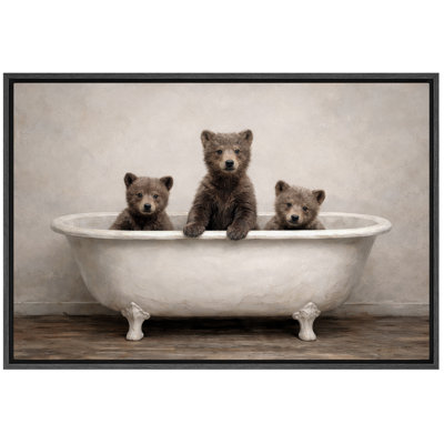 Rustic Bear Cubs Bathtub Artwork, Bathroom Pictures, Framed Canvas Giclee Print Wall Art