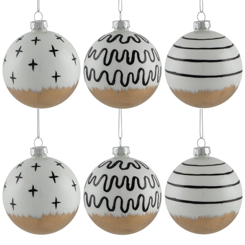 Abstract Glass Ball Christmas Ornaments - 3" (80Mm) - White And Black - 6Ct