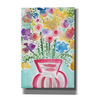 «Red Vase of Flowers» par Linda Woods, reproduction d'art sur toile tendue