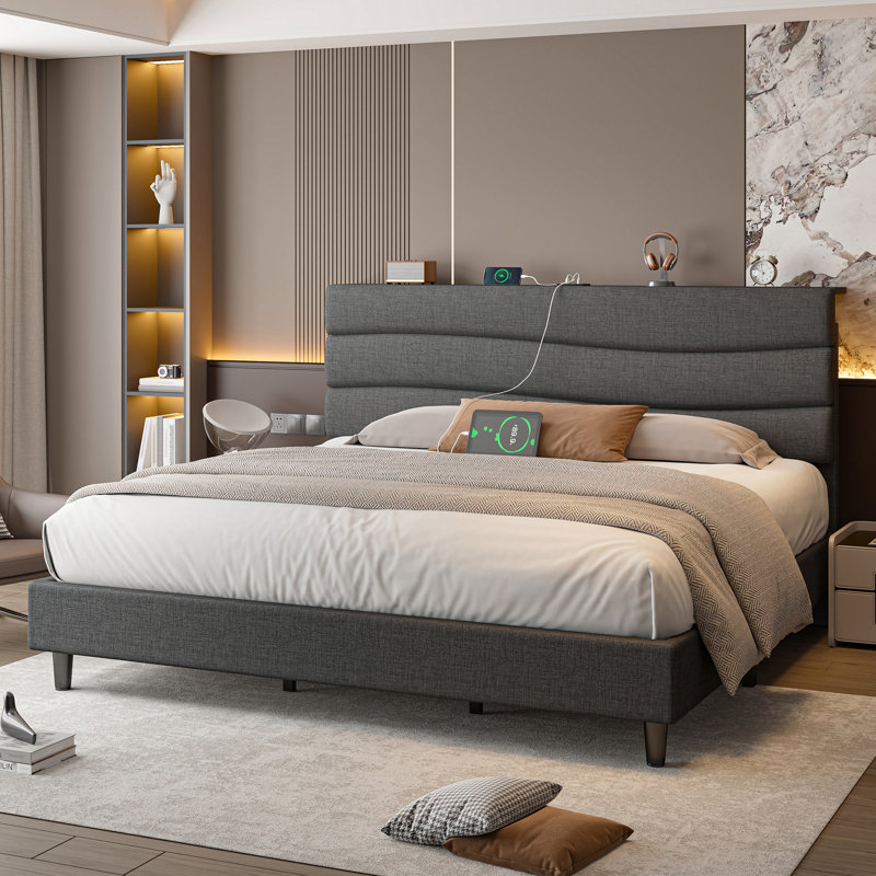 Upholstered Storage Bed with Charging Station, Gray, King