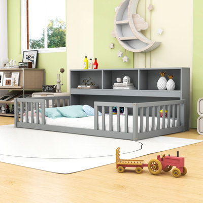 Wood Floor Bed With Storage Shelves And Guardrails by Harriet Bee