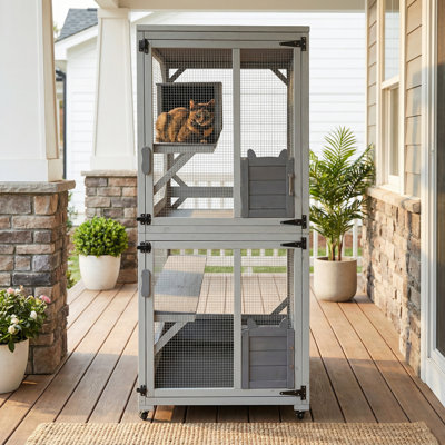 30.7" Wooden Catio Outdoor Cat Enclosure, Luxury Cat House On Wheels With Napping House, 4 Platforms & Weatherproof Asphalt Roof, Large Kitty Cat Condo Cage Shelter Playpen With Sliding Doors
