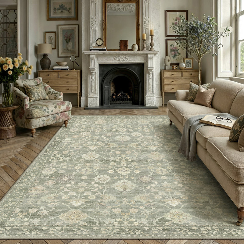 Tapis lavable à motif floral rétro Avella avec envers antidérapant, Vert, Rectangle 8' x 10'