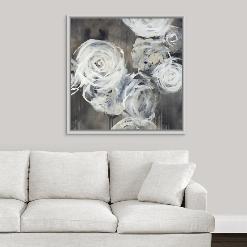 « neuf roses », peinture sur toile, H 37,7 po x l 37,7 po x p 1,75 po, Cadre flottant blanc