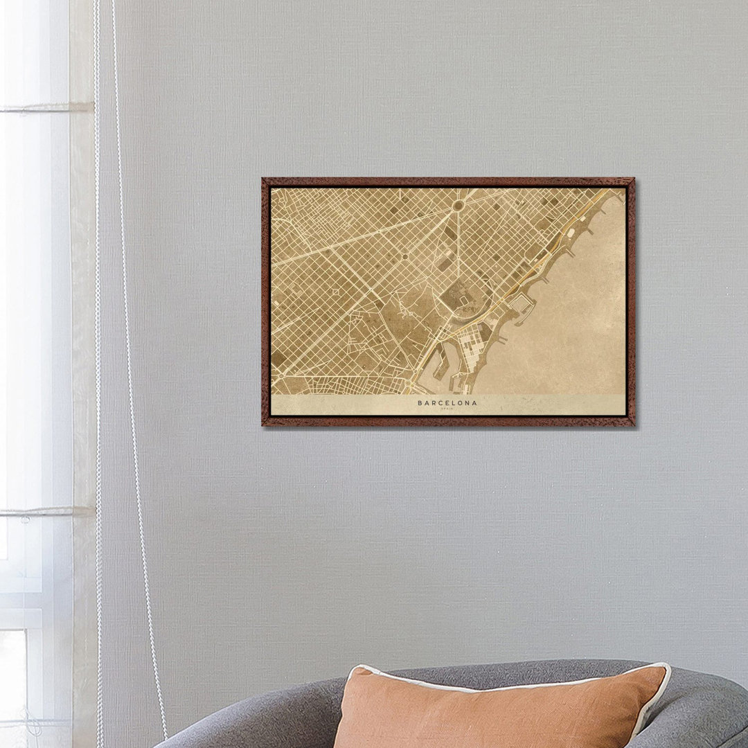 Vintage Sepia Karte von Barcelona Downtown von Blursbyai - Galerie-verpackte Leinwand Giclée auf Leinwand