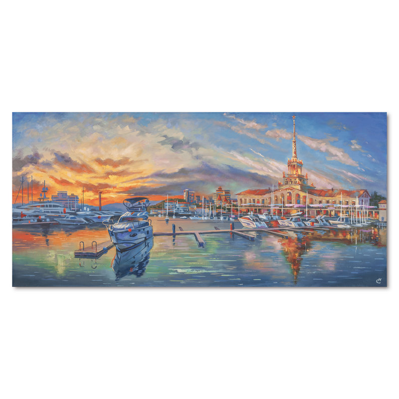 «Evening In The Seaport», reproduction sur toile, H 28 po x l 60 po, Toile tendue