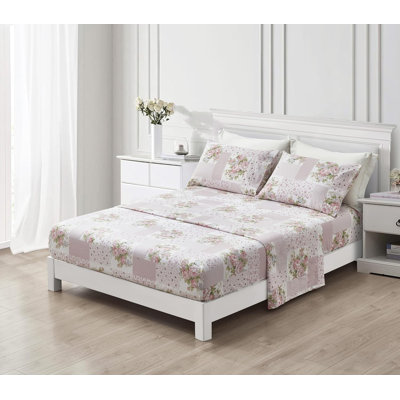 Rosy Floral Patchwork Printed Cotton Bed Sheet Set