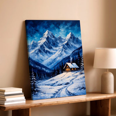 Snowy Mountain Cabin Landscape Winter Forest Blue Rustic Painting Print Canvas Wall Art Print, Blue Nature Landscape Artwork for Living Room Bedroom Office Hallway Gallery Wall Home Decor Accent